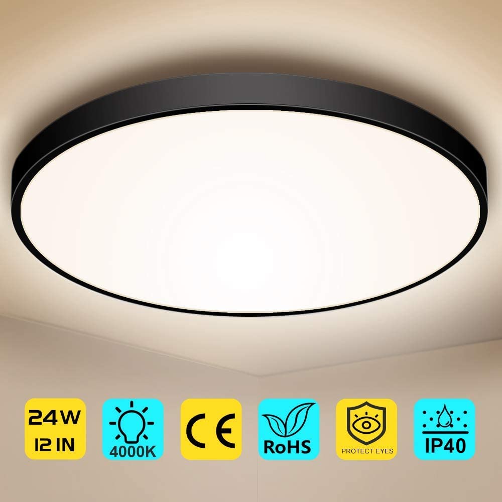 Led Flush Mount Ceiling Light Fixture, 12 Inch 24W (240W Equivalent) 4000K Natural White, 3200Lm, Flat Modern Round Lighting Fix