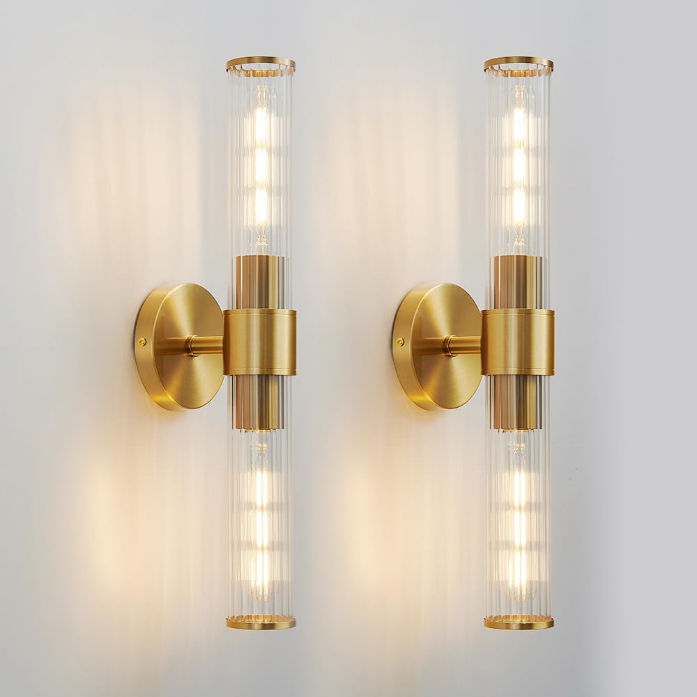Vaziden Gold Bathroom Light Fixtures, 2 Light Vanity Lights For Mirror With Threaded Glass Shade, 20 Inch Up And Down Wall Sconces For Bathroom Bedroom Living Room Hallway 2 Pack