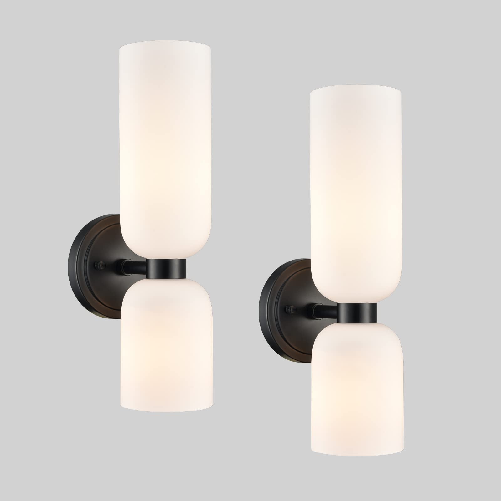DEYNITE Black Wall Sconces Set of Two 2-Light Modern Bathroom Vanity Light, Milky White Glass, Model B3216-2BU-BK-N-2