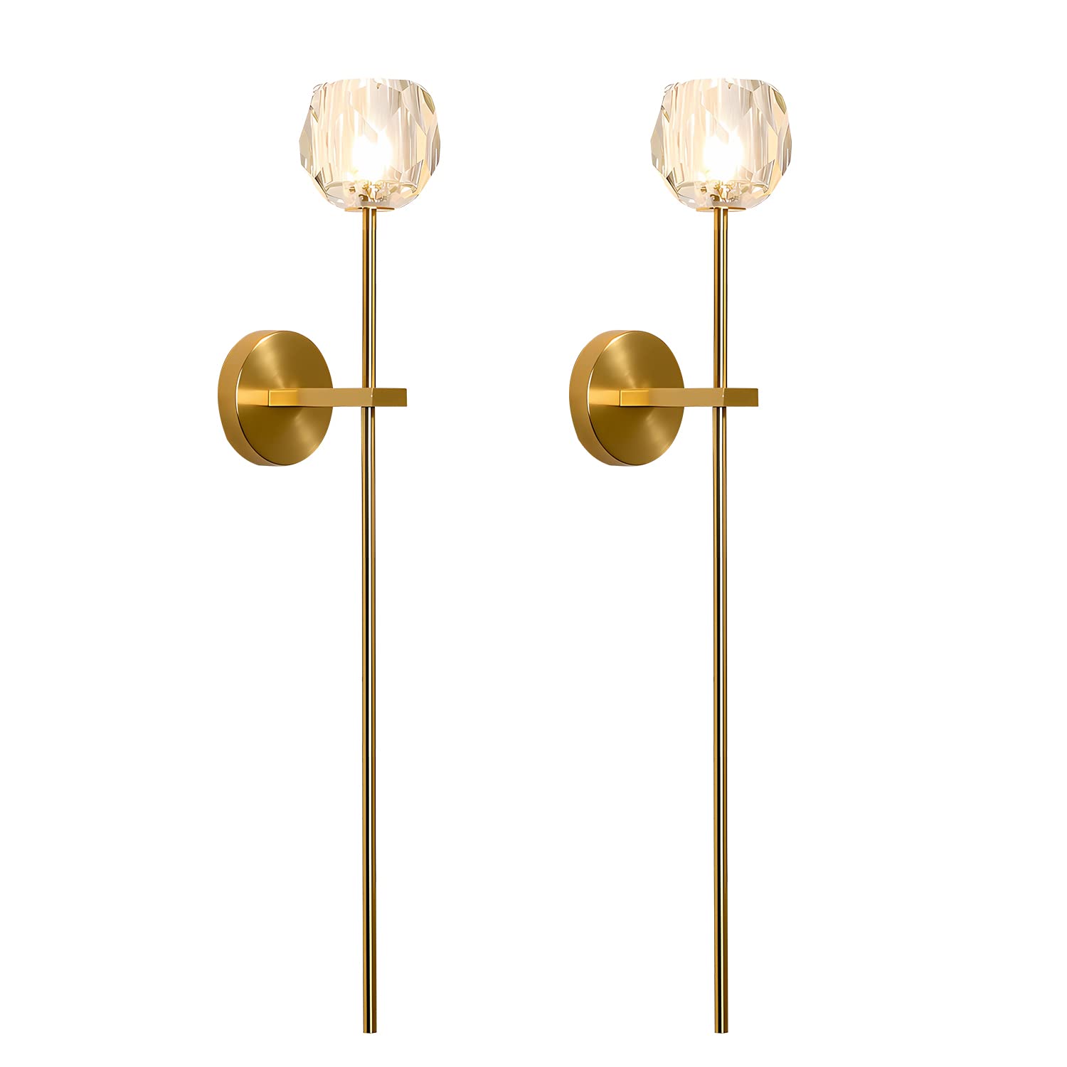 BOKT Mid Century Modern Gold Crystal Wall Sconce Set of Two Brushed Brass Gold Long Wall Sconce Lighting Set of 2 Vintage Clear 