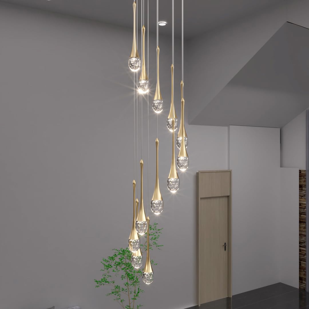 Ykolupty 12-Lights Staircase Chandelier 120In Gold Chandelier For Sloped High Ceiling Raindrop Pendant Chandelier For Living Room Foyer Hallway Villa