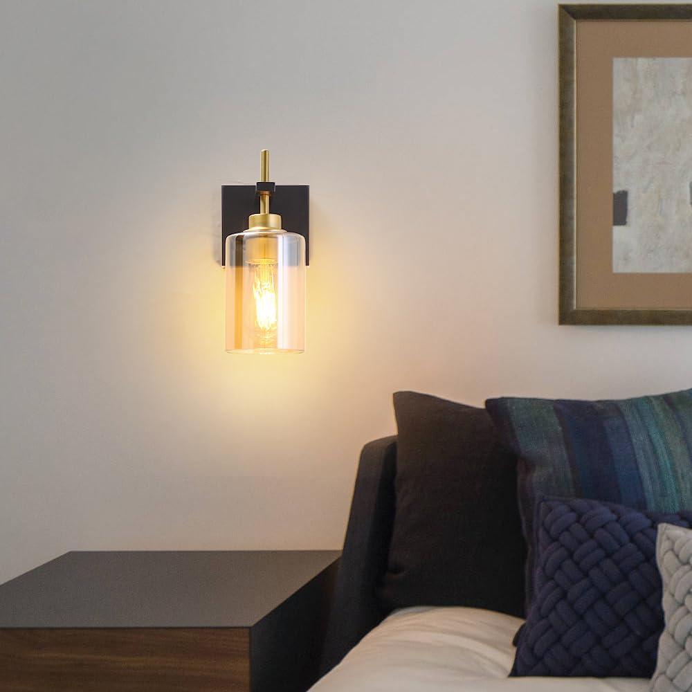 DSMJFU Modern Bathroom Light Fixtures, Black and Gold Wall Sconces, Hardwire Amber Glass, Model DX23001V1B&G-AM-2, Set of Two