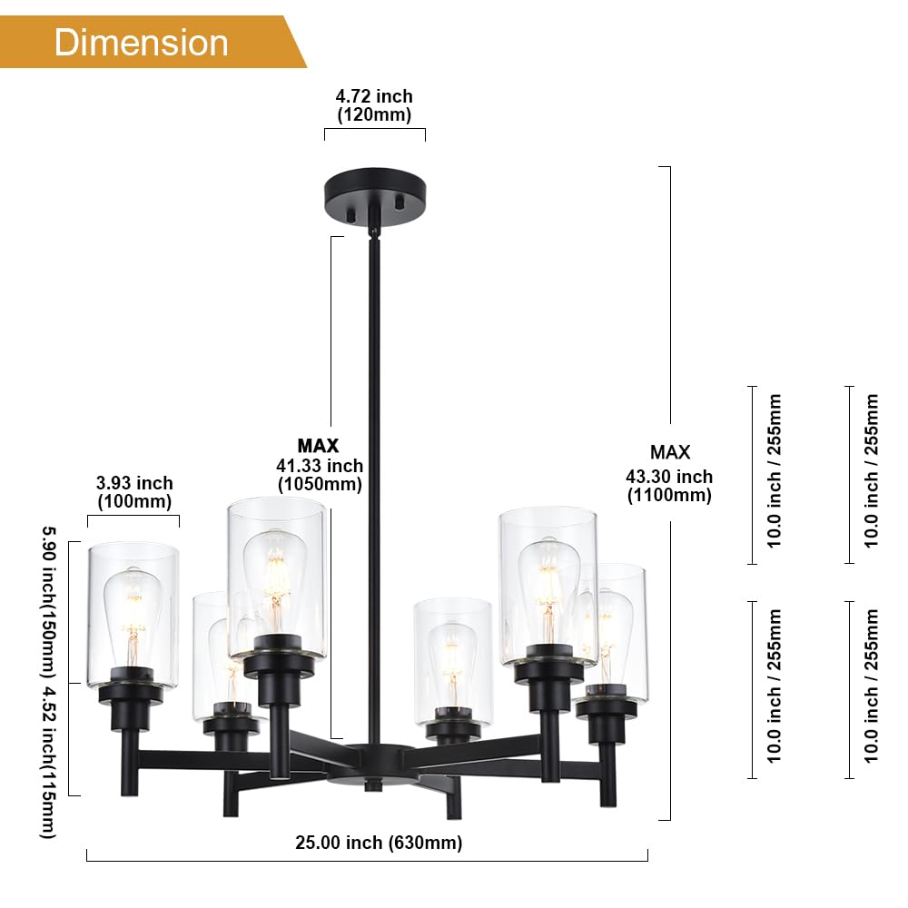VINLUZ 6 Light Industrial Chandelier Black Pendant Lighting Hanging Fixture with Cylinder Clear Glass for Kitchen Bedroom Dining
