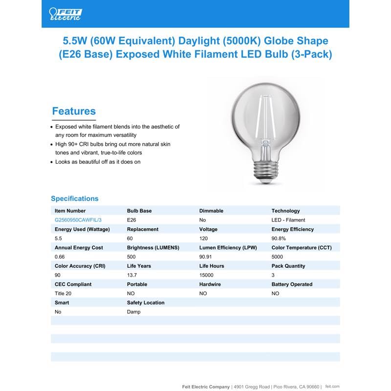 Feit Electric G25 Filament LED Bulb, Daylight 60W Equivalence, 3 Pack, E26 Base, Plastic, One Size