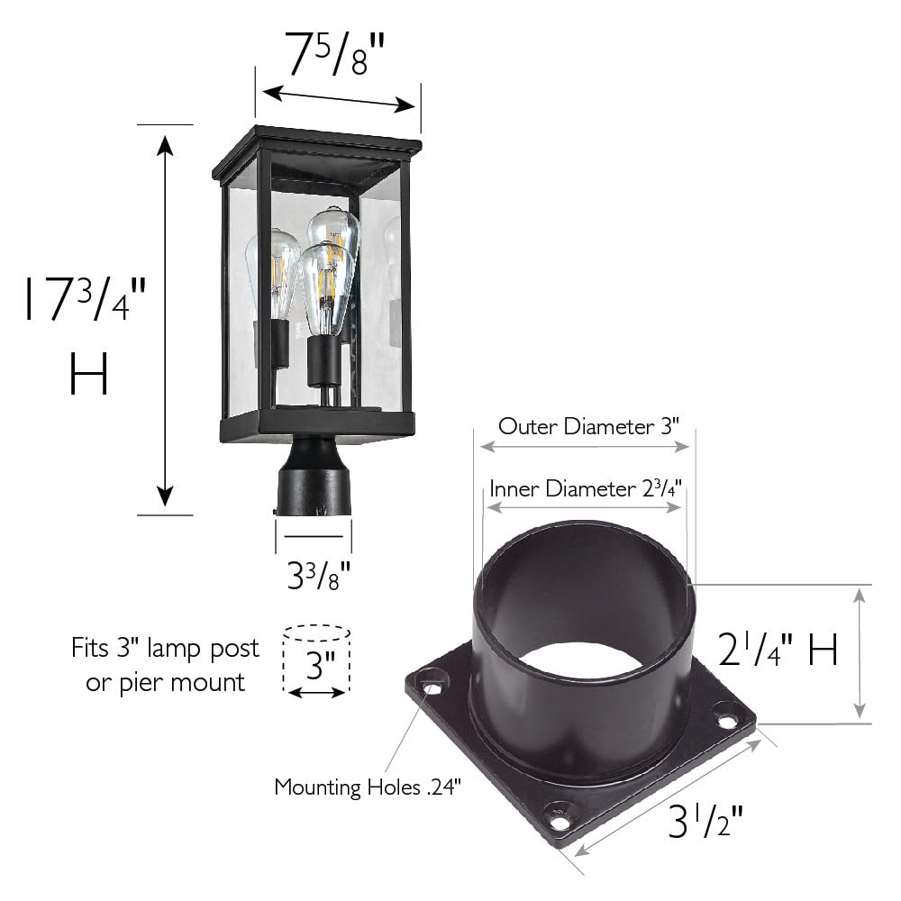 Design House Mayfield Outdoor Post Top Light With 3-Inch Pier Base Mount Fitter  Black  590299