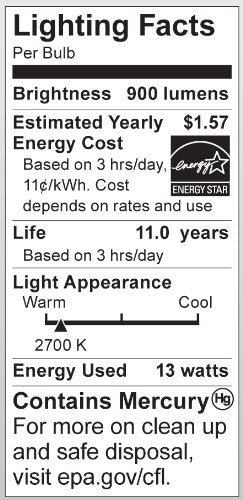 Satco S7364 13-Watt Candelabra Base T2 Mini Spiral Light Bulb, 2700K, Glass, 1 Count