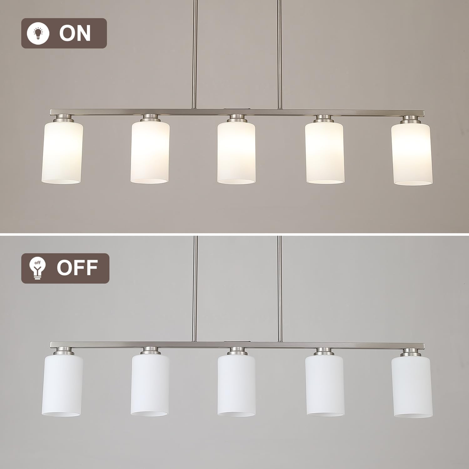 Mecgirn Island Light For Kitchen  Brushed Nickel Dining Room Light Fixture Over Table With Milk Glass Shade  5-Light Linear Chandelier Pendant Lighting For Dining Table Kitchen Island Living Room