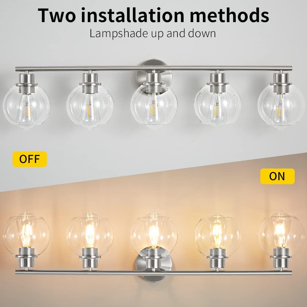 Lanmate Bathroom Light Fixtures Over Mirror 5-Lights Bathroom Vanity Light With Clear Globe Glass Shade 37.4 Inch Modern Brushed