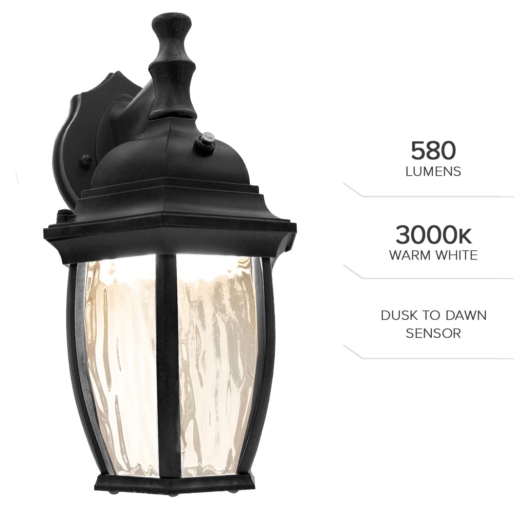 Maxxima Outdoor Wall Light Sconce, 580 Lumens, 3000K Warm White, Black, 7.3"W x 11"H x 6.6"D, Dusk to