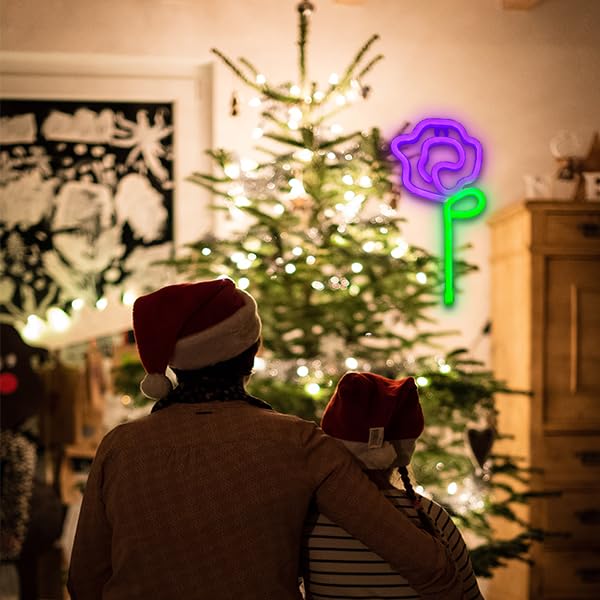 ENUOLI LED Neon Rose Flower Wall Sign, Green Stem, Purple Color, Model nNH.G053PP+GG, Ideal for Bedroom, Party, and Holiday Decor