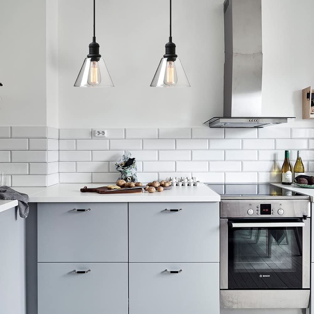 Yosoan 1-Light Vintage Edison Hanging Pendant Light, Mini Semi Flush Mount Light Fixture Funnel Flared Clear Glass Shade For Kitchen Bathroom Porch Living Room Dinning Room Hotels Bar Island(Black)