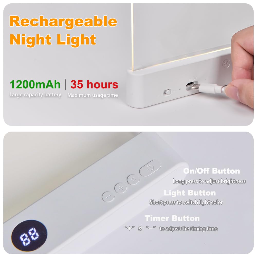 VEEKI Rechargeable LED Book Light with 3 Colors & Timer, Dimmable Flat Panel Lamp for Reading, Black, Model VK-SD-01