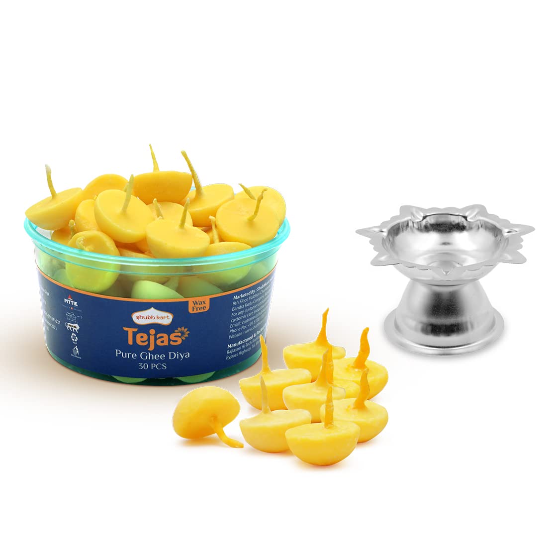 Shubhkart Tejas Pure Ghee Diya Batti Pack of 30 Diyas with Niranjan Diya | Readymade Ghee Wicks| Diya Batti for Puja, Festivals