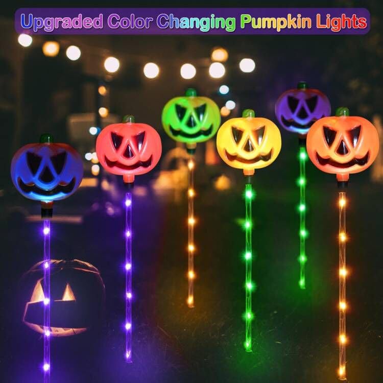 Janchs 6-Pack Solar Halloween Pumpkin Garden Stake Lights - Waterproof Outdoor Decor