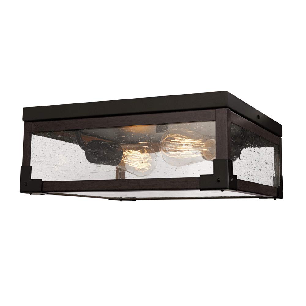 Globe Electric 65917 2-Light Flush Mount Ceiling Light, Metal, 5.2in, Dark Bronze/Wood Finish, Seeded Glass Panes