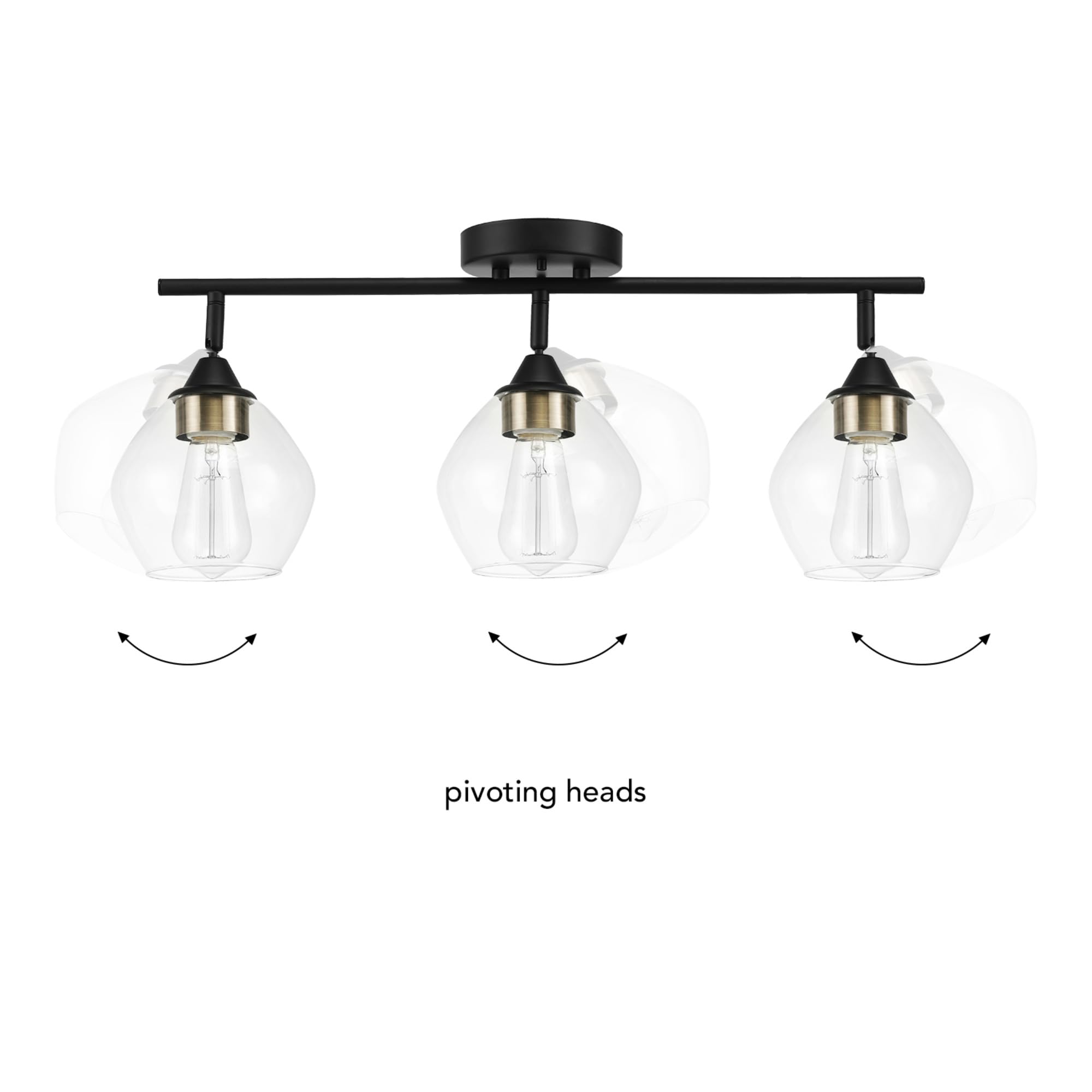 Globe Electric 59619 Harrow 3-Light Track Lighting, Matte Black, Antique Brass Accents, Clear Glass Shades, Bulbs Included, 650