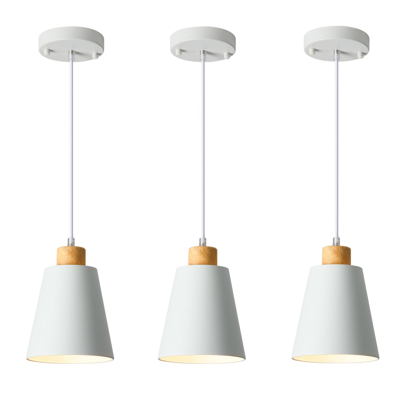 FISGONI White Pendant Light 3 Pack Mini Modern Wood Lighting Fixture Adjustable Cord 5.94in for Kitchen Island Dining Room Bedroom