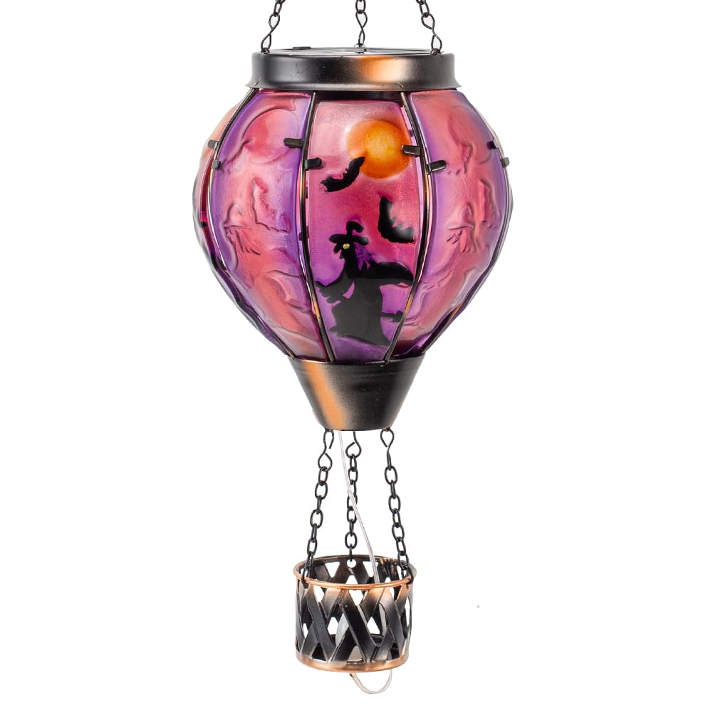 YELENEW Halloween Hot Air Balloon Solar Lanterns Outdoor Waterproof,Metal Garden Decor Solar Hot Air Balloon Lantern with Flame 