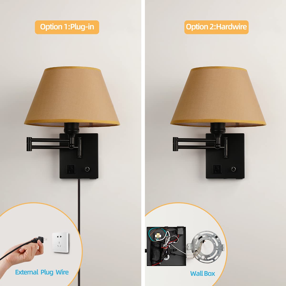 Swing Arm Wall Sconces, Plug-In Wall Lamp,Bedroom Wall Lamp , White Fabric Shade With Dimmable Switch And Usb Charging Port,Suitable For Bedside,Living Room,Reading (Black. Gold Shadow)