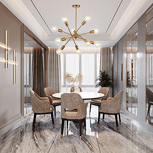 BONLICHT Modern 10 Light Sputnik Chandeliers Brushed Brass with Adjustable Arms Metal Kitchen Light Fixtures Gold Mid Century Pe