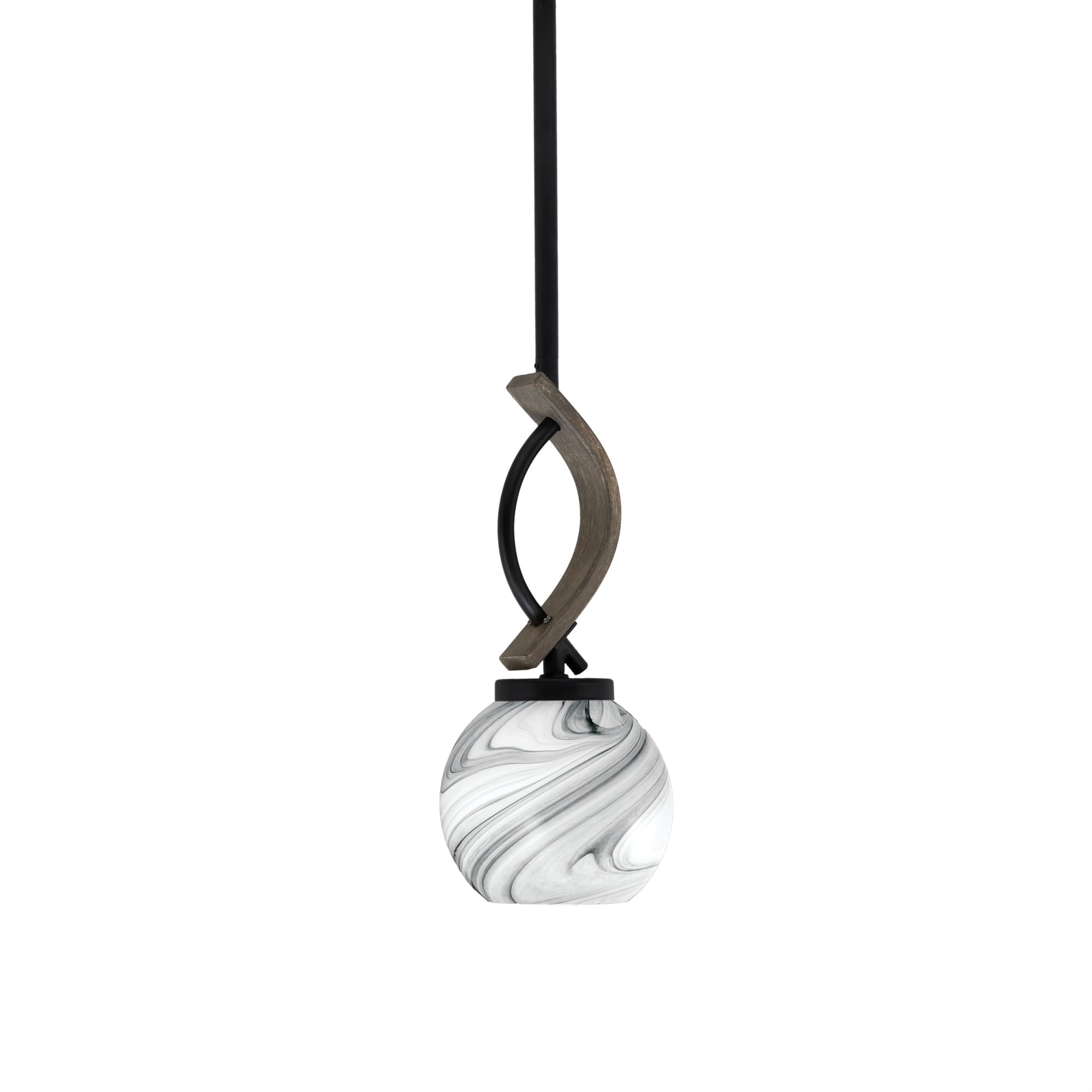 Toltec Lighting Monterey Stem Hung Mini Pendant, Onyx Swirl Glass, Matte Black & Distressed Wood Finish, 5.75in