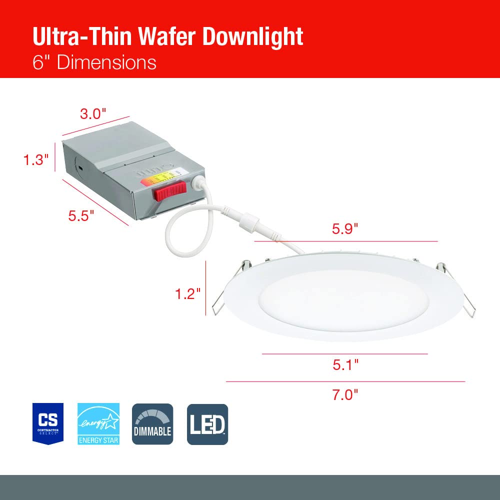 Juno Round LED Wafer Downlight, 6-Inch Ultra Thin Trim, 120V, Switchable Color Temp 2700K-5000K, Brushed Nickel, Model WF6