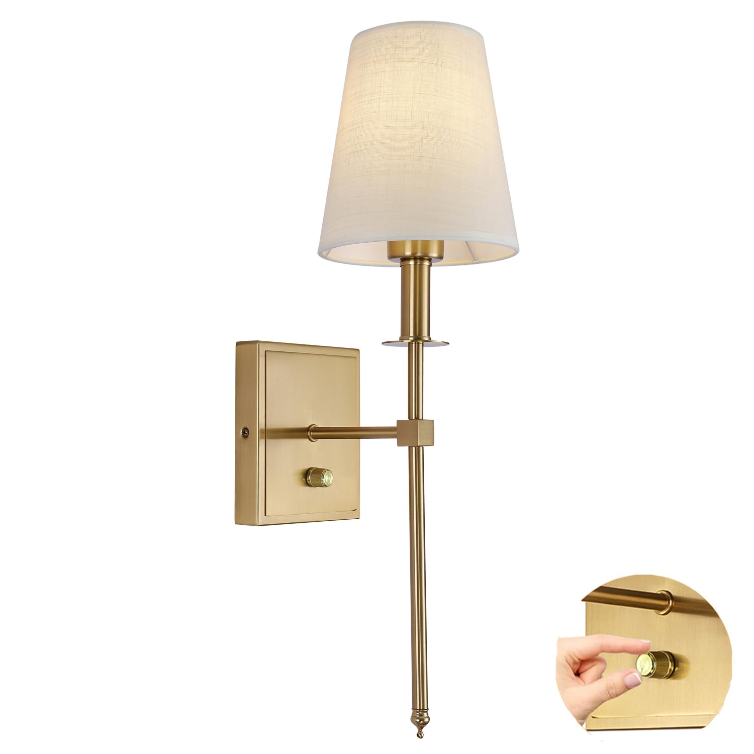 Rizzyluz Gold Wall Sconce Lighting Modern Wall Sconce  Modern Bathroom Vanity Light Fixture Dimmable with On Off Dimmer Switch Linen Fabric Shade for Living Room Hallway Bedroom