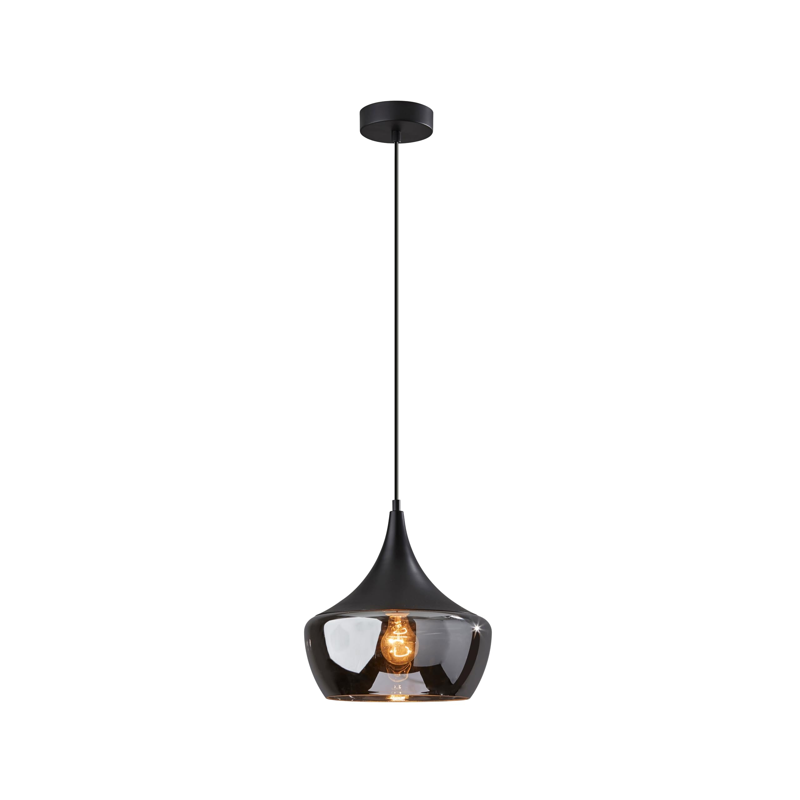 Adesso Black Ceiling Pendant with Smoked Glass Dome Shade - Adjustable Hanging Length, Ambient Accent Lighting for Kitchen, Livi