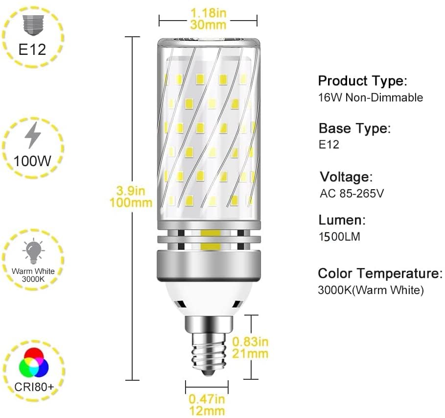 Inshareplus E12 Led Bulbs, 16W Candelabra Light Bulbs, Warm White 3000K, Cri80+, 1500Lm 120W Equivalent, E12 Base Led Chandelier