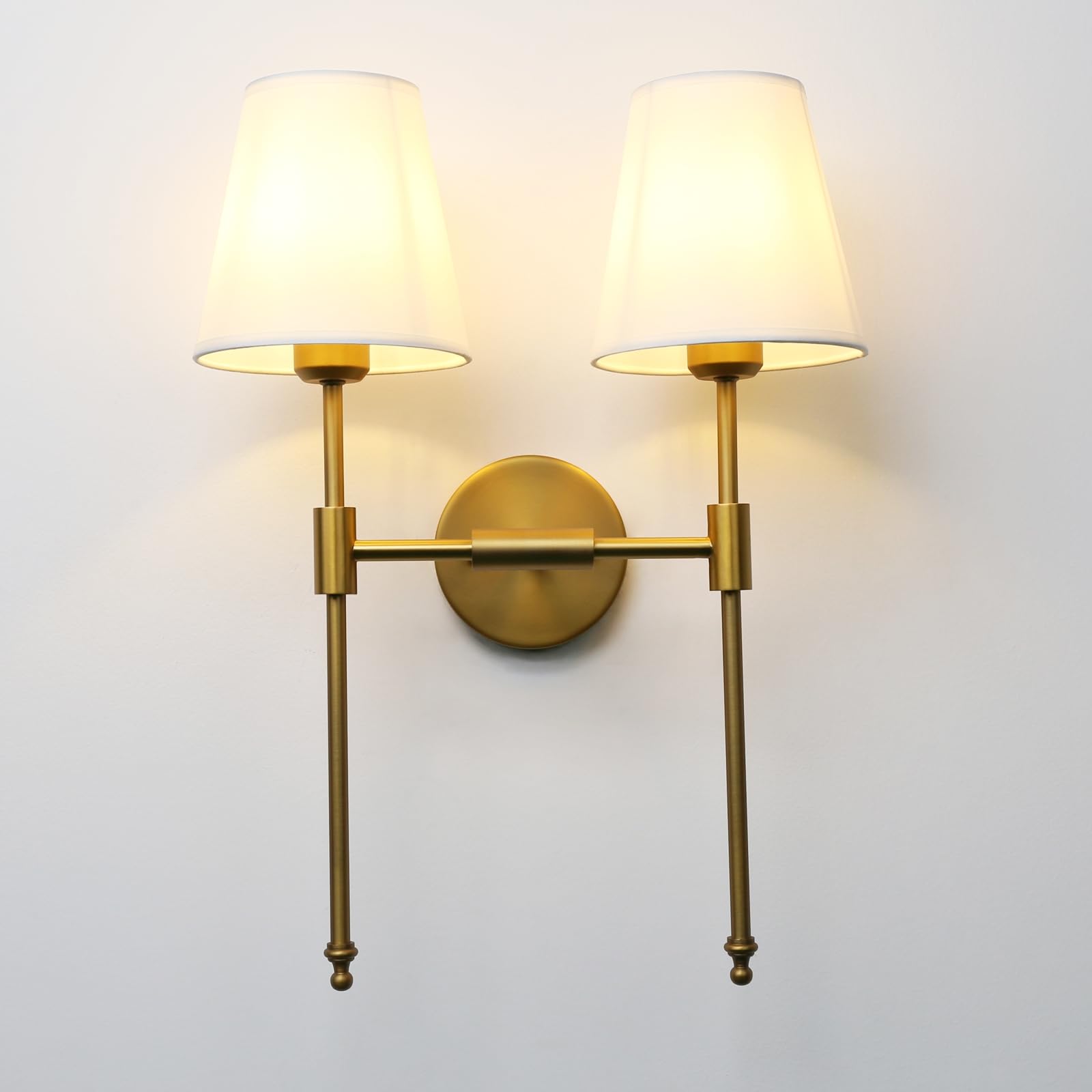 PERMO Classic Rustic Double Sconce Large 2-Lights Wall Sconce with Flared White Textile Lamp Shade and Antique Brass Finished Lo