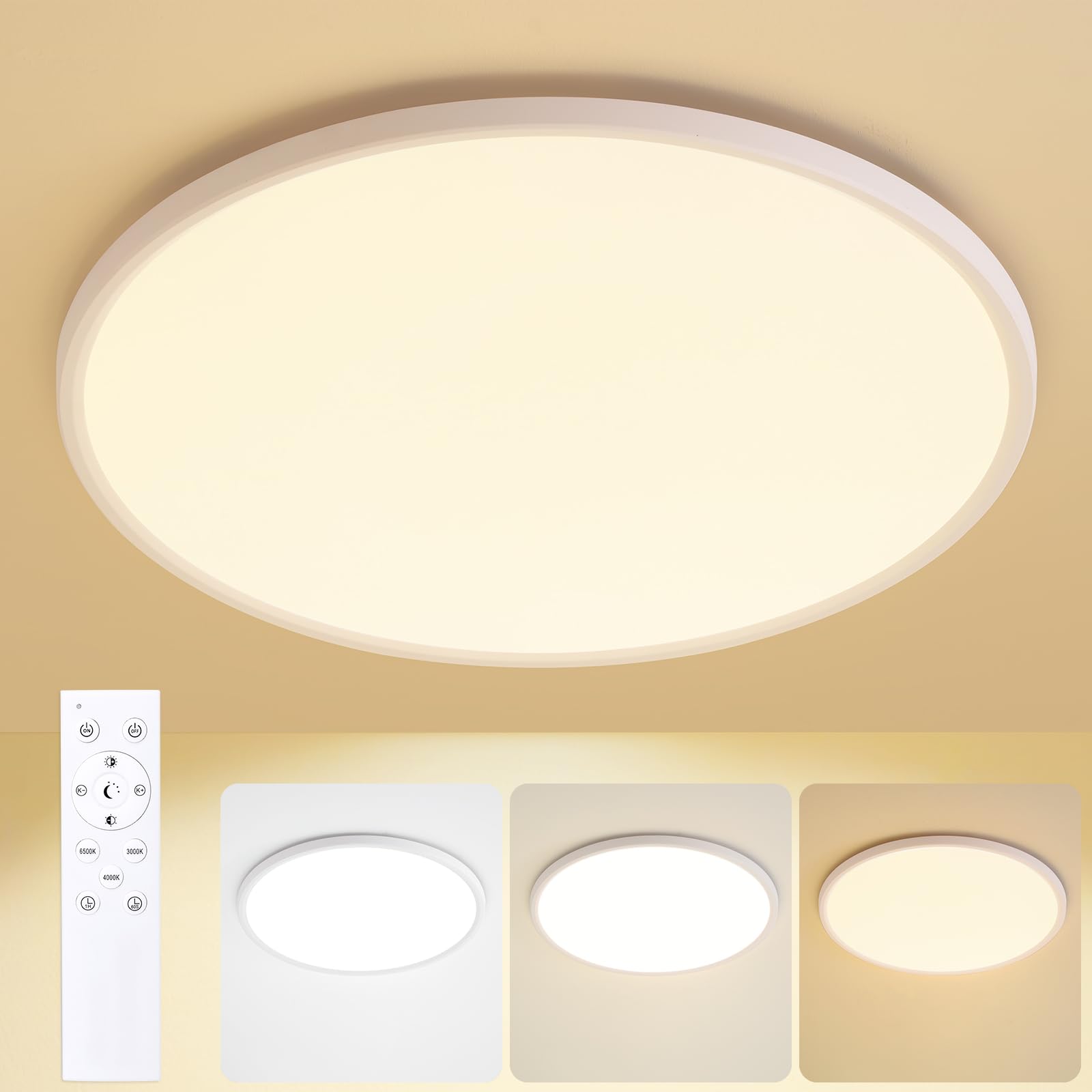KIWIVIC 24 Inch Dimmable Ceiling Light Flush Mount 54W Remote Control LED Fixture 5400LM 3000K-6500K Adjustable Round Bright Lam