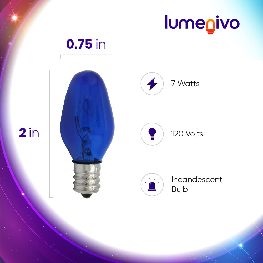 Lumenivo 7 Watt Blue Incandescent C7 Colored Night Light Bulbs 7W C7 Blue Christmas Village Bulbs - Candelabra Base For Window C