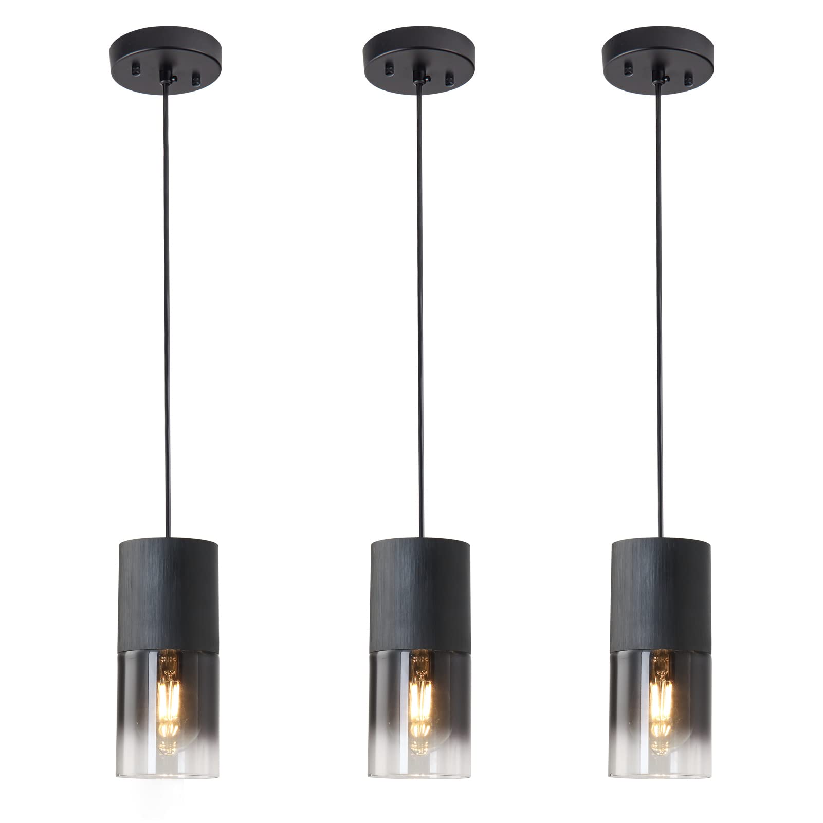 Linseeds 3-Pack Black Pendant Light Fixtures, Adjustable Modern Pendant Lights For Kitchen Island, Industrial Glass Pendant Lights For Dining Table Hallway Bedroom Living Room