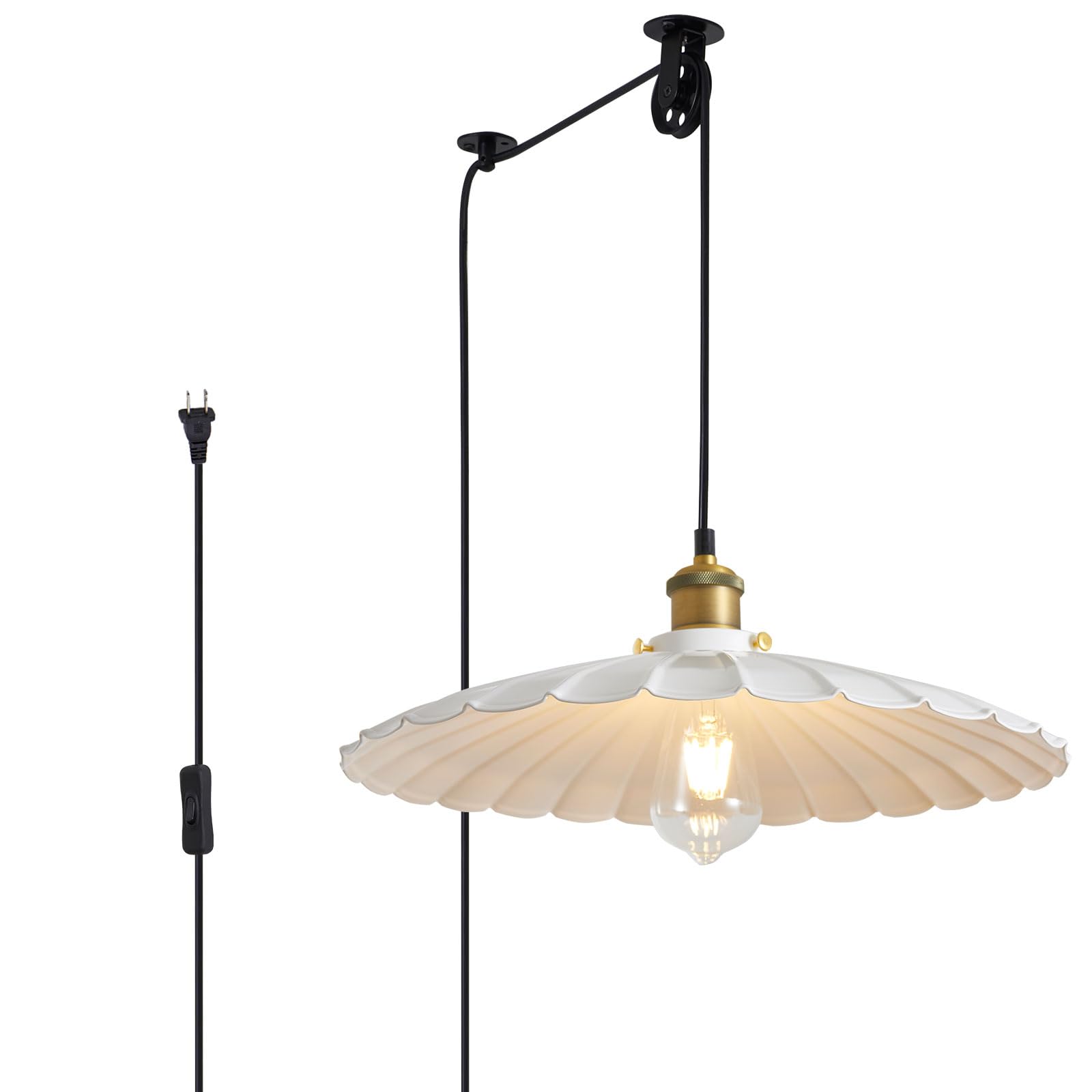 Oyisen Hanging Lights with Plug in Cord White 15.7 Inch Metal Lampshade Adjustable Cord Plug in Hanging Light Industrial Pendant