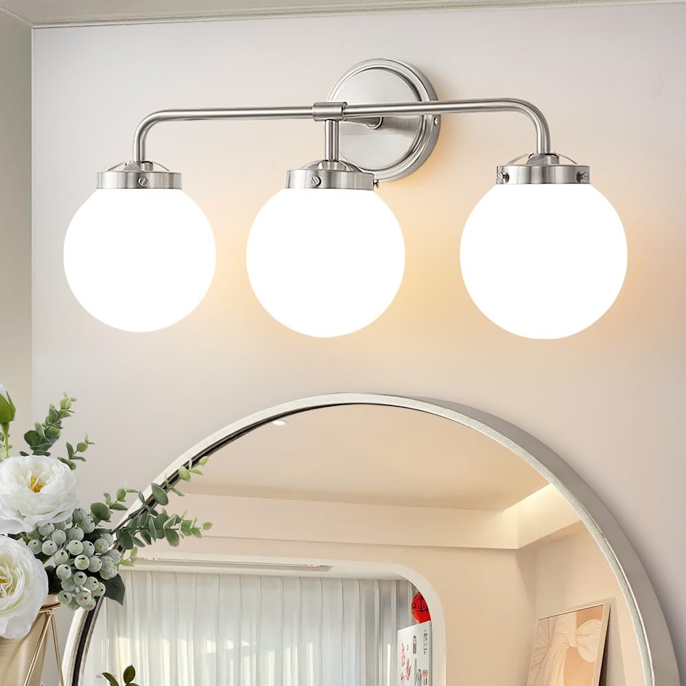 Deyidn Bathroom Light Fixtures Over Mirror, Brushed Nickel Modern Vanity Lights With Milk White Glass Globe Shades 3-Light Farmh