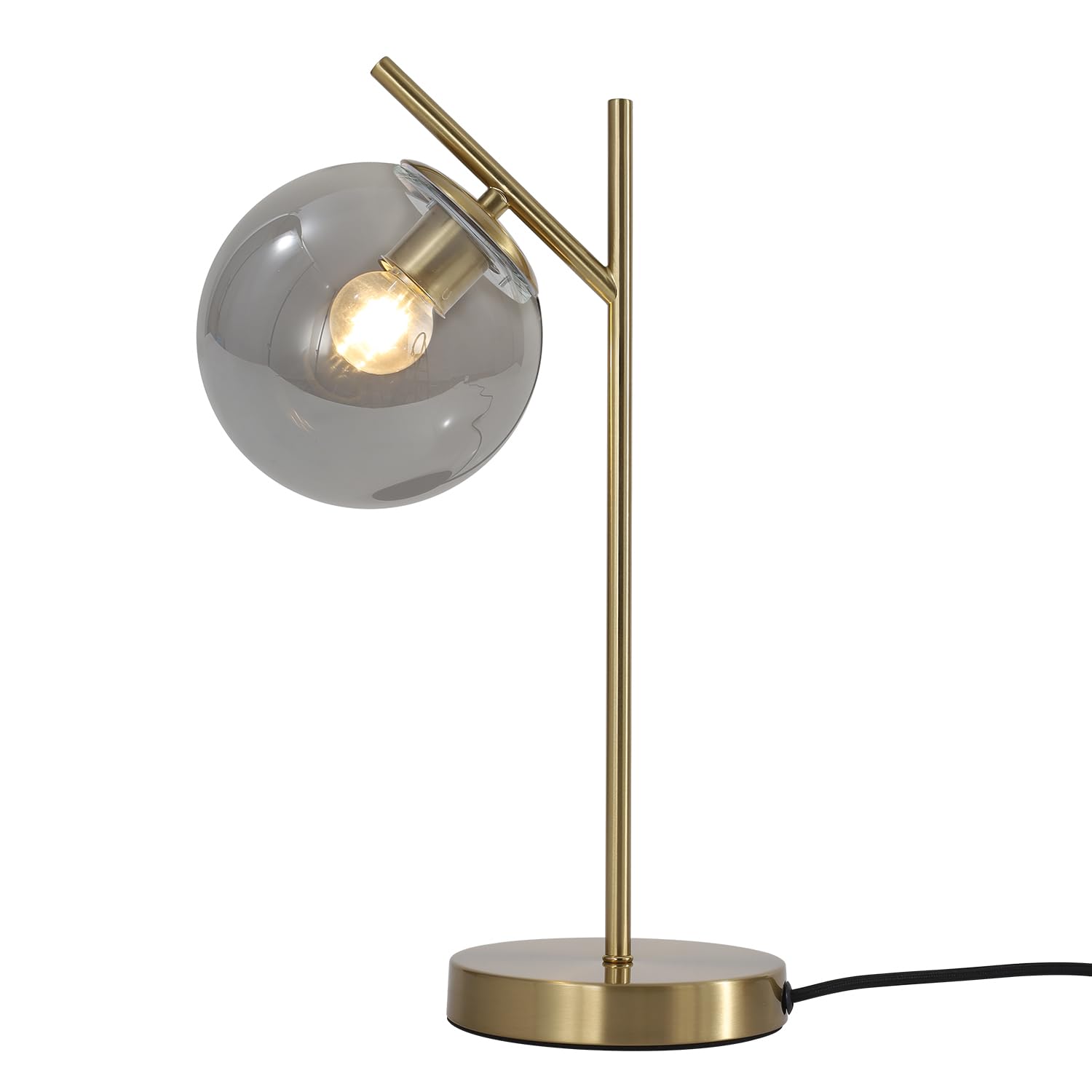 Fulesi Mid Century Desk Lamp Glass Globe Table Lamp With Gray Glass Lampshade Gold Modern Bedside Lamps For Bedroom Living Room