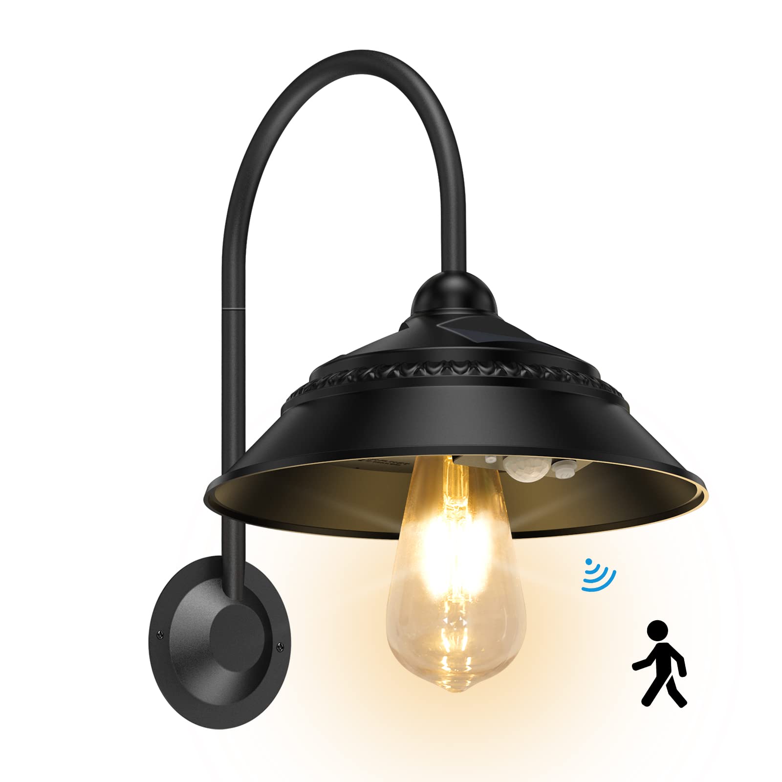 Aqonsie Solar Barn Light Outdoor, Waterproof, 3 Lighting Modes, Motion Sensor, Aluminum, Black, Model L-01