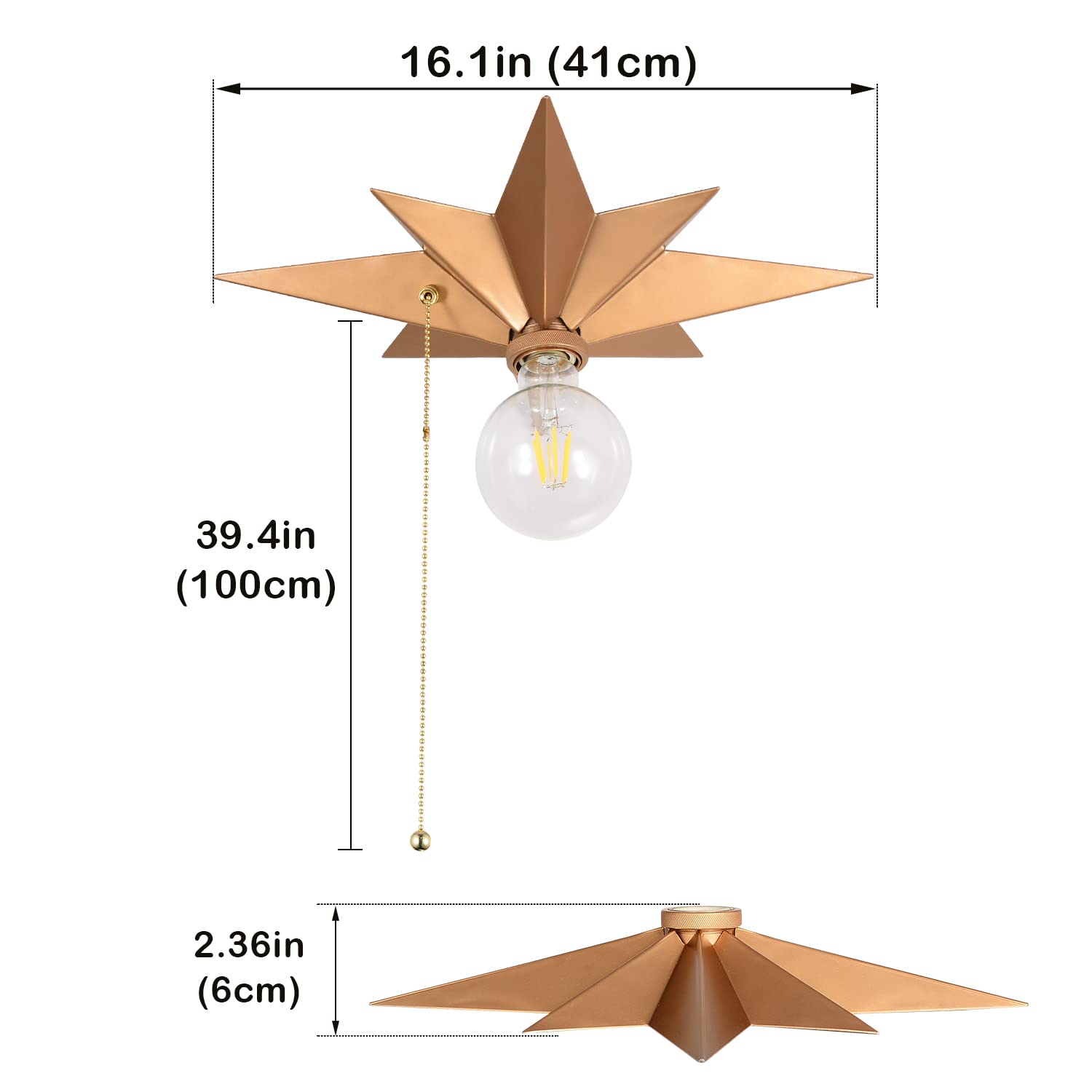 Airposta Flush Mount Ceiling Light Fixture, Brass Star Design, Industrial Metal, Pull Chain, Ideal For Hallway, Entryway, Kitchen, Bathroom