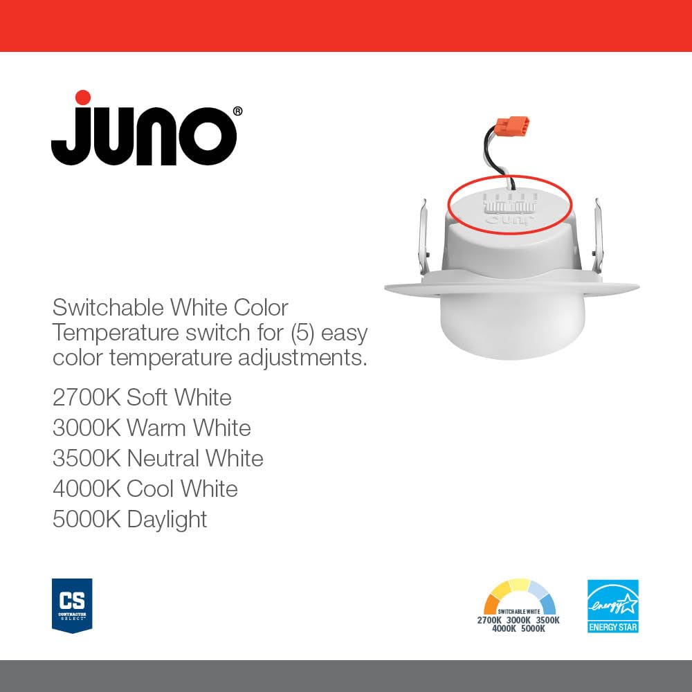 Juno LED Downlight Trim Kit, 4-Inch Adjustable, Switchable CCT 2700K-5000K, Model RB4A SWW5 MW M6, Matte White