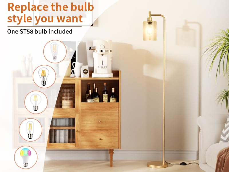 Ziisee Floor Lamps For Living Room - Standing Lamp With Seeded Glass Shade, Modern Gold Floor Lamp With Led Bulbs, Bright Indust