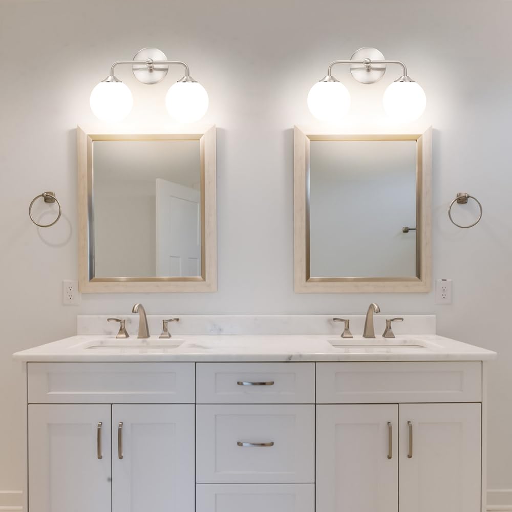 DSMJFU Modern Brushed Nickel Bathroom Vanity Lights, 2-Light, Glass Globe Shade, Model DX23055V2-NK