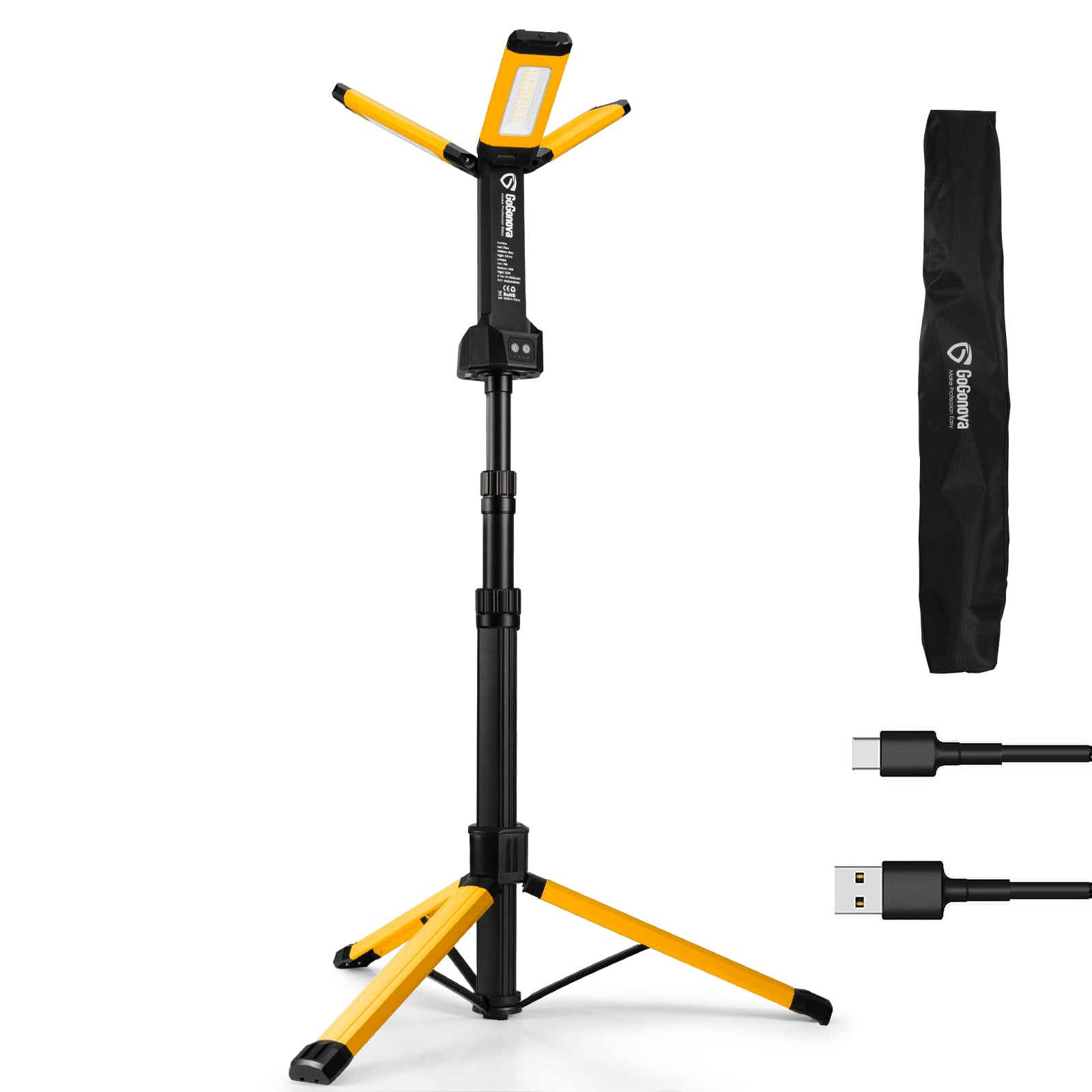 GoGonova Rechargeable Work Light with Stand, 700/1200/2200 Lumen, 8AH Battery, 57 inches, Yellow