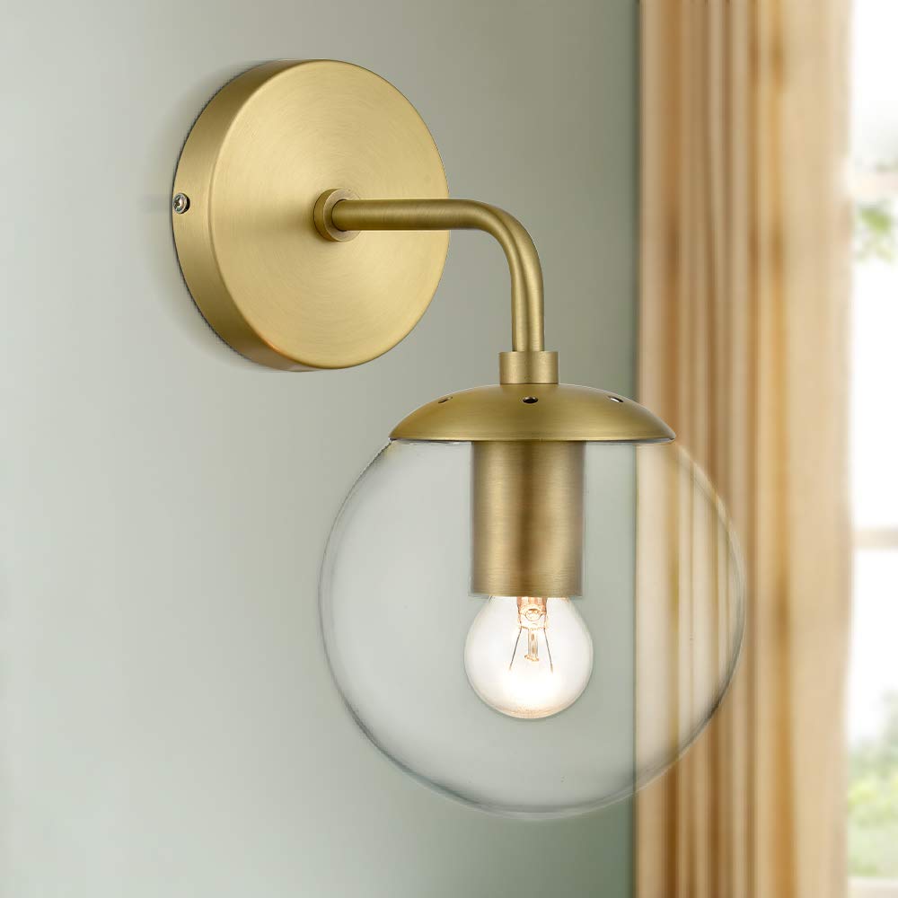 Light Society Zeno Wall Sconce, Brushed Brass/Clear Glass, Model LS-W264-BB-CL, Mid Century Modern Style