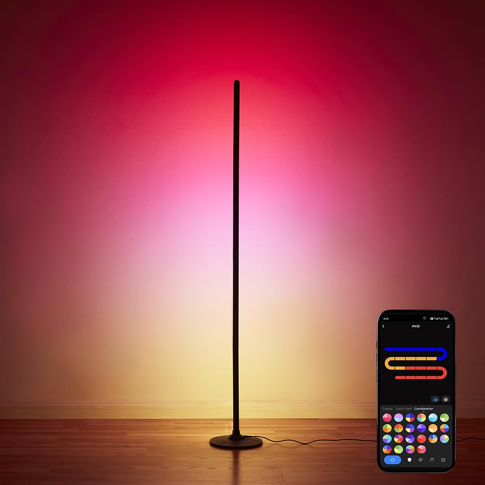 MYZI LED Floor Lamp, RGB Smart Corner Lamp, Dimmable with Remote & App Control, Black, Model MZ-LED-FBA