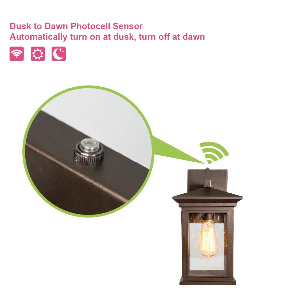 Jetima Outdoor Wall Light With Dusk To Dawn Photocell Sensor, Wall Sconce In Oil Rubbed Bronze (Orb) Finish With Clear Seeded Gl