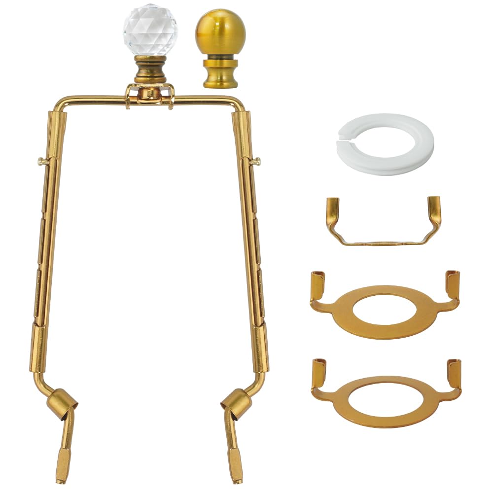 Asjeumt 8 9 10 11 inch Lamp Shade Harp Holder, Antique Gold Adjustable Height Harp Kit with Crystal & Metal Finial, DIY Replacem