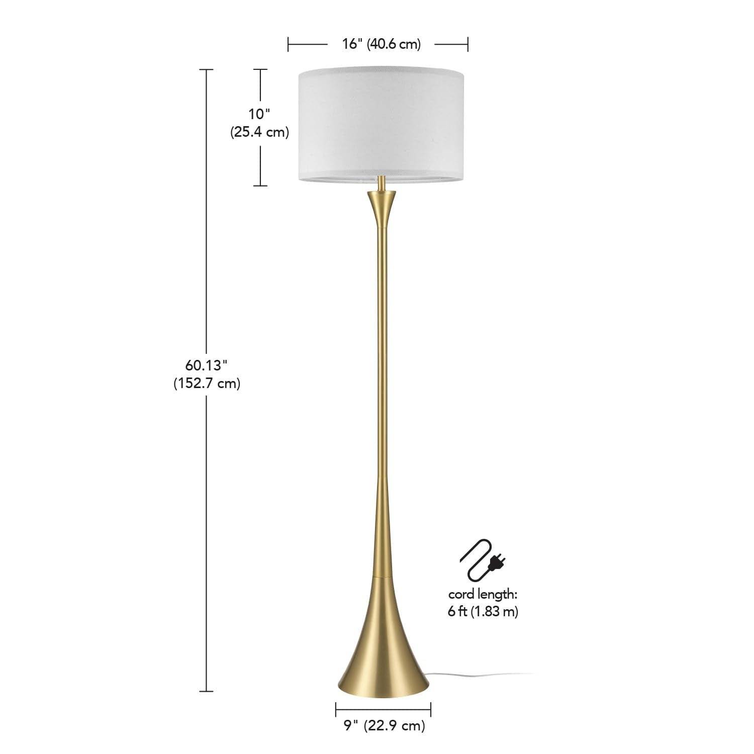 Globe 61000150 60'' Floor Lamp, Antique Brass Finish, Beige Fabric Shade, Mid-Century Modern Standing Lamp, E26 Base, Sustainabl