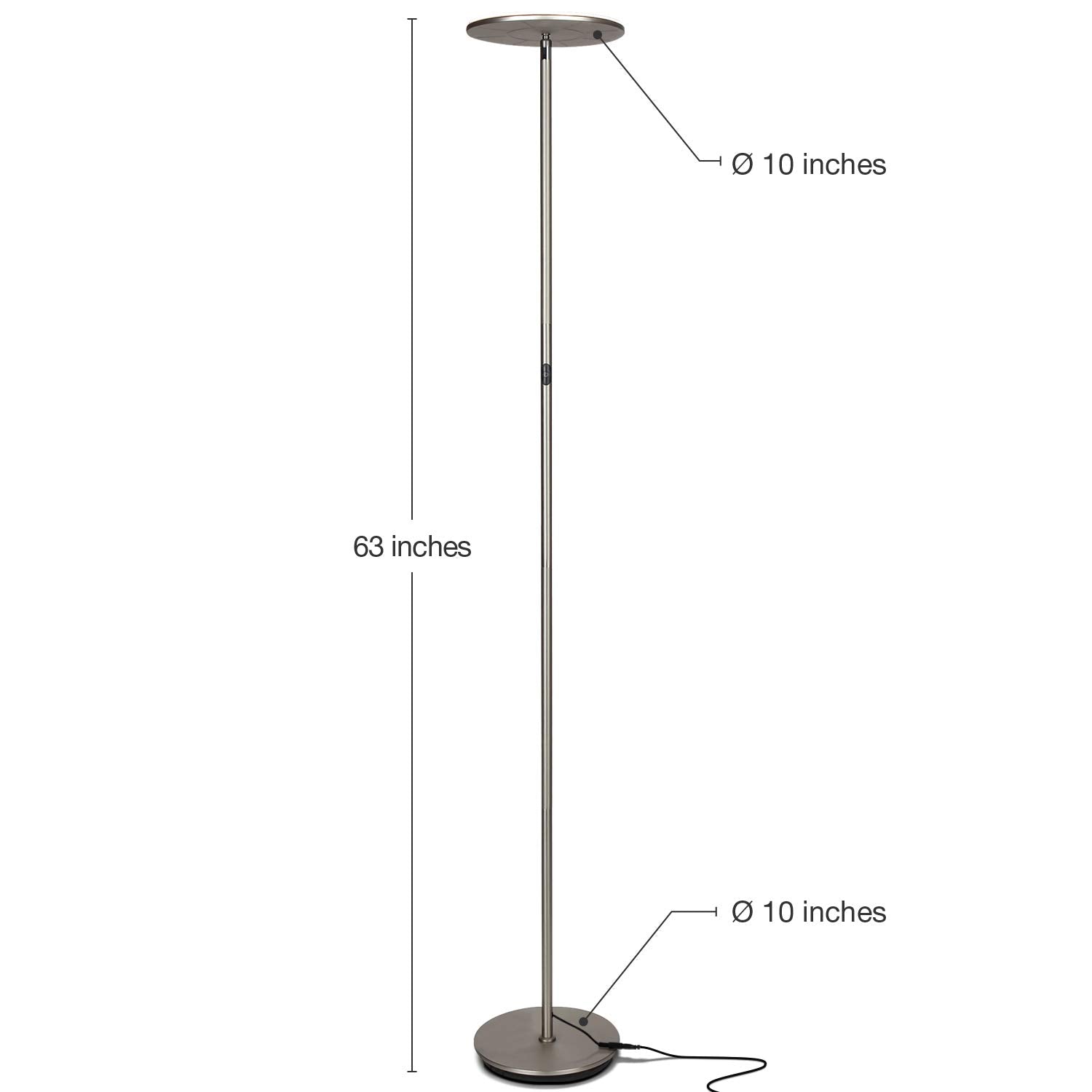 Brightech Sky LED Floor Lamp - Dimmable Tall Torchiere for Living Rooms & Offices, Brushed Nickel, Model SKYLED-BNKL