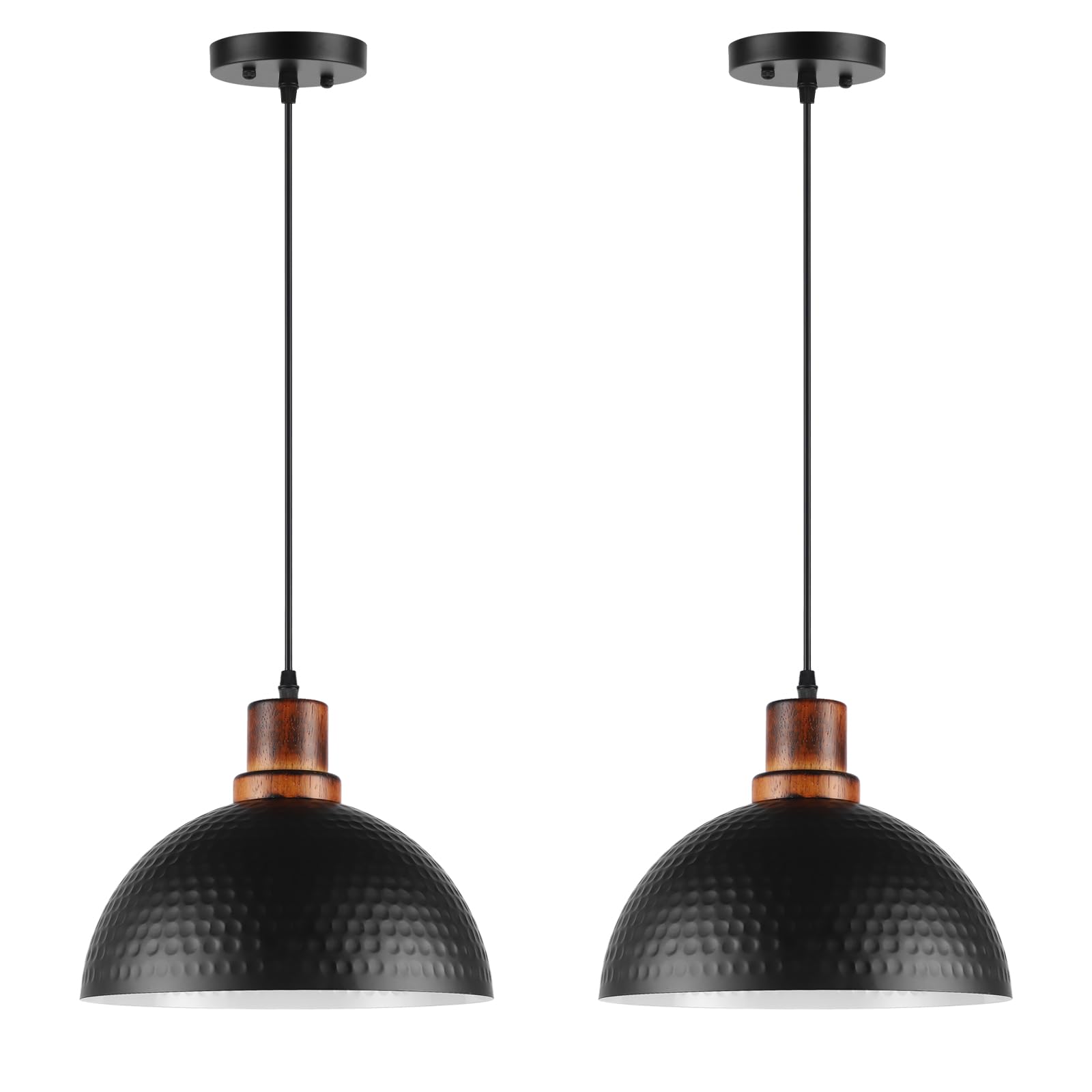 Mgcanyu Black And Wood Pendant Lights 2 Pack  11.8 Hammered Metal Dome Pendant Light Fixture Modern Black Pendant Lighting Hanging Ceiling Light For Kitchen Island Dining Living Room Restaurant