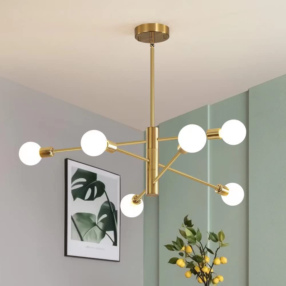Deyidn Gold Sputnik Chandelier, 6-Light Metal Industrial Ceiling Fixture For Living Room & Kitchen